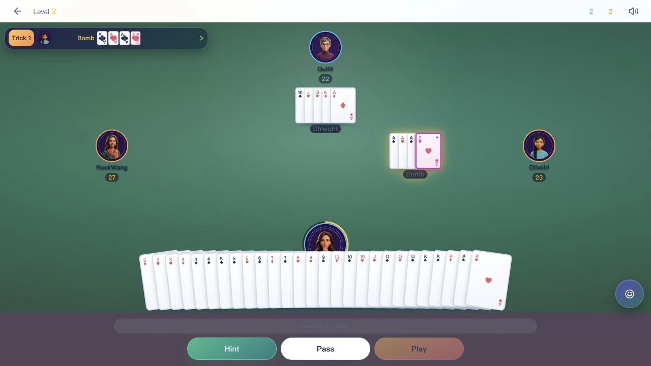 A real Guandan game table with four players and cards in play