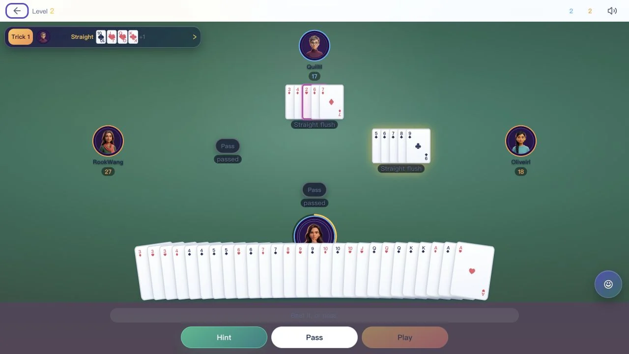 A real Guandan turn with hint, pass, and play controls